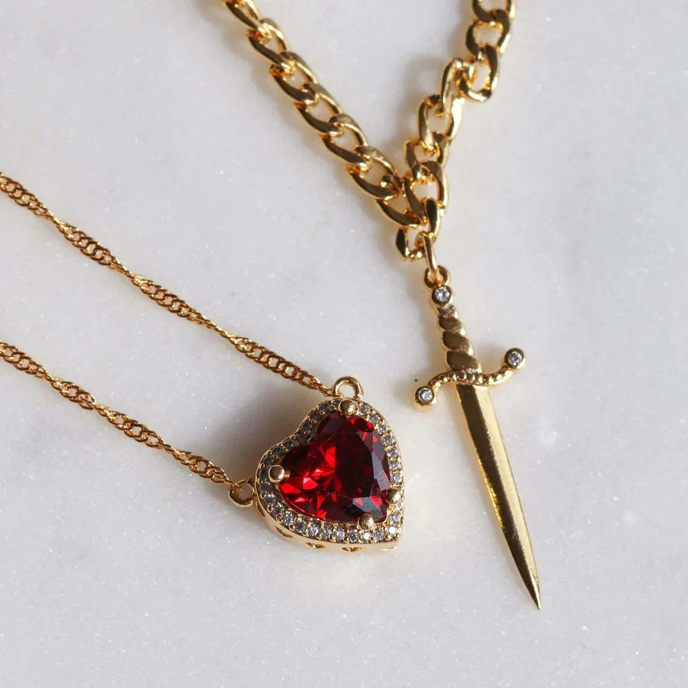 2Pcs Sword Heart Creative Couple Necklace for Women Men.