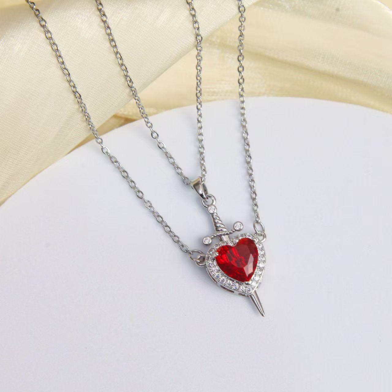2Pcs Sword Heart Creative Couple Necklace for Women Men.